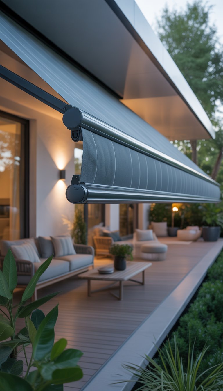 Outdoor patio with a retractable awning partially extended over seating area next to a modern house.