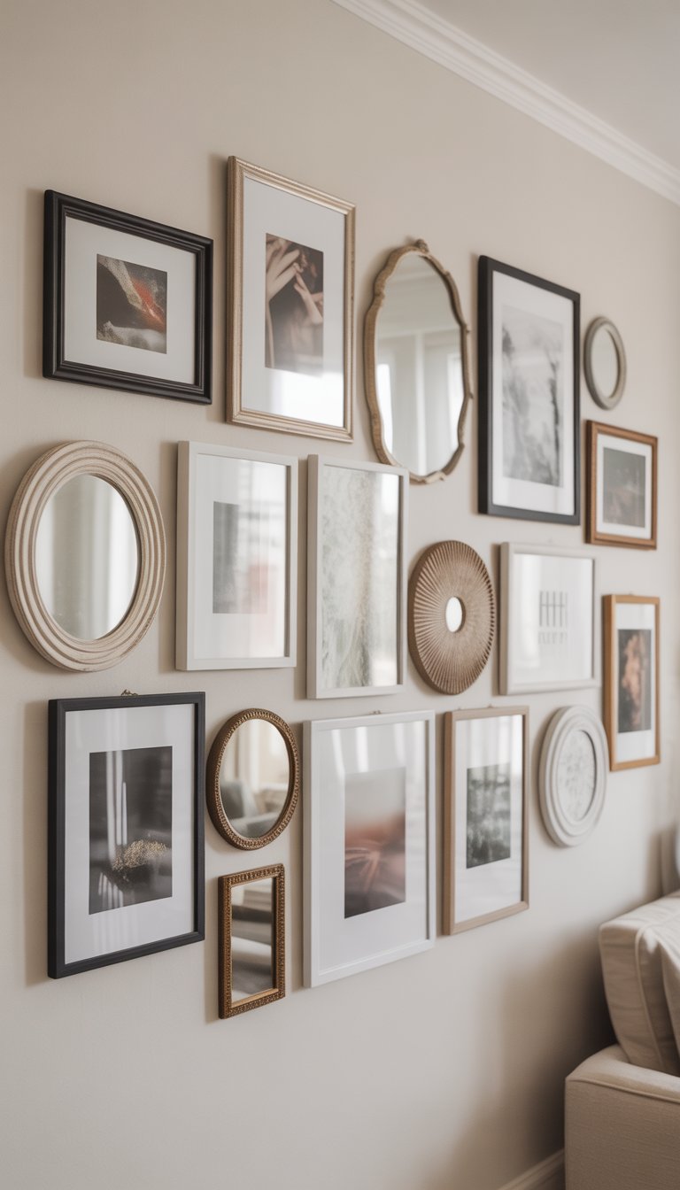 A living room wall displaying a collection of framed photos, prints, and mirrors arranged in a balanced gallery layout.