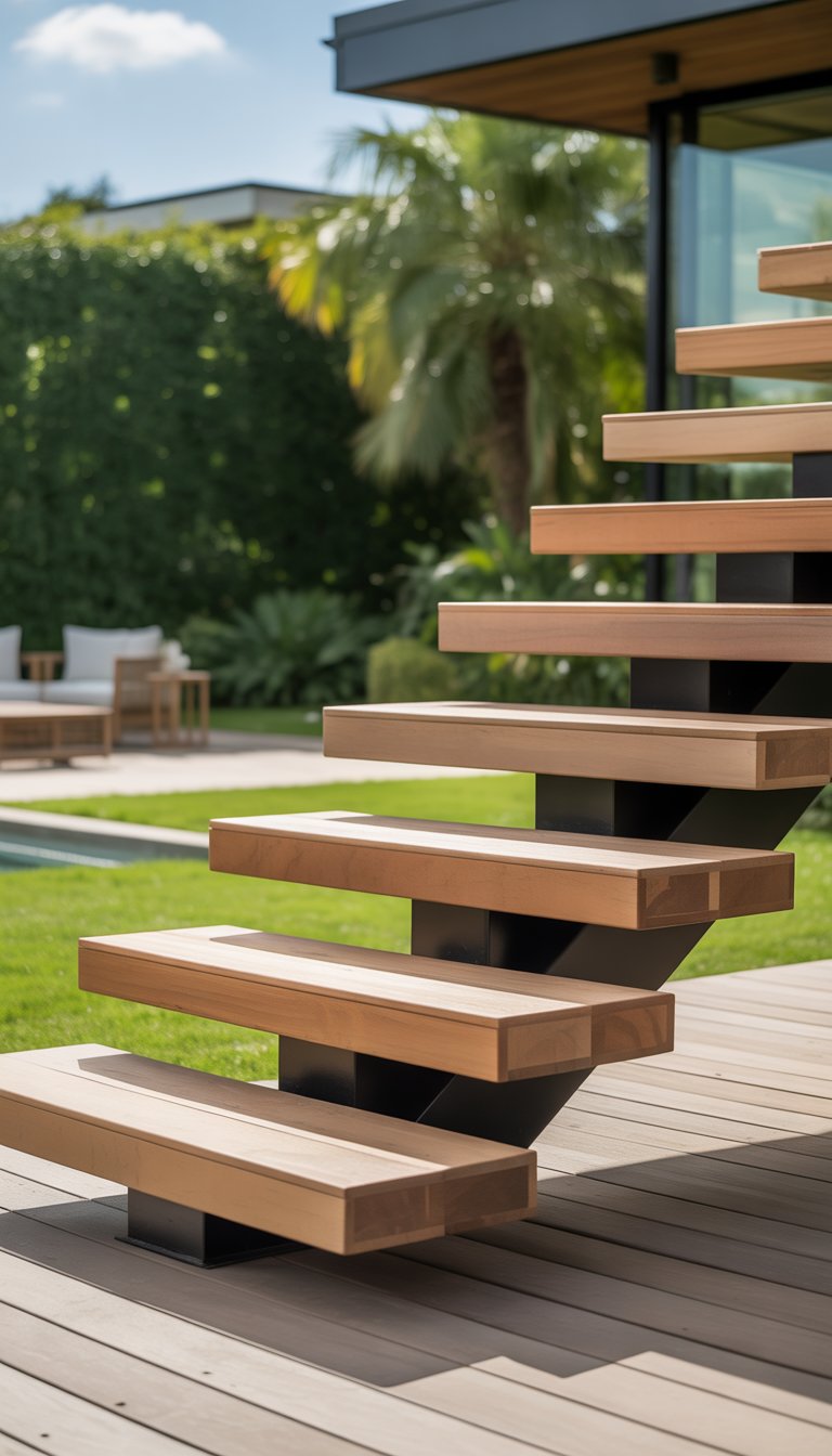Floating wooden deck stairs attached to an outdoor deck with greenery in the background.