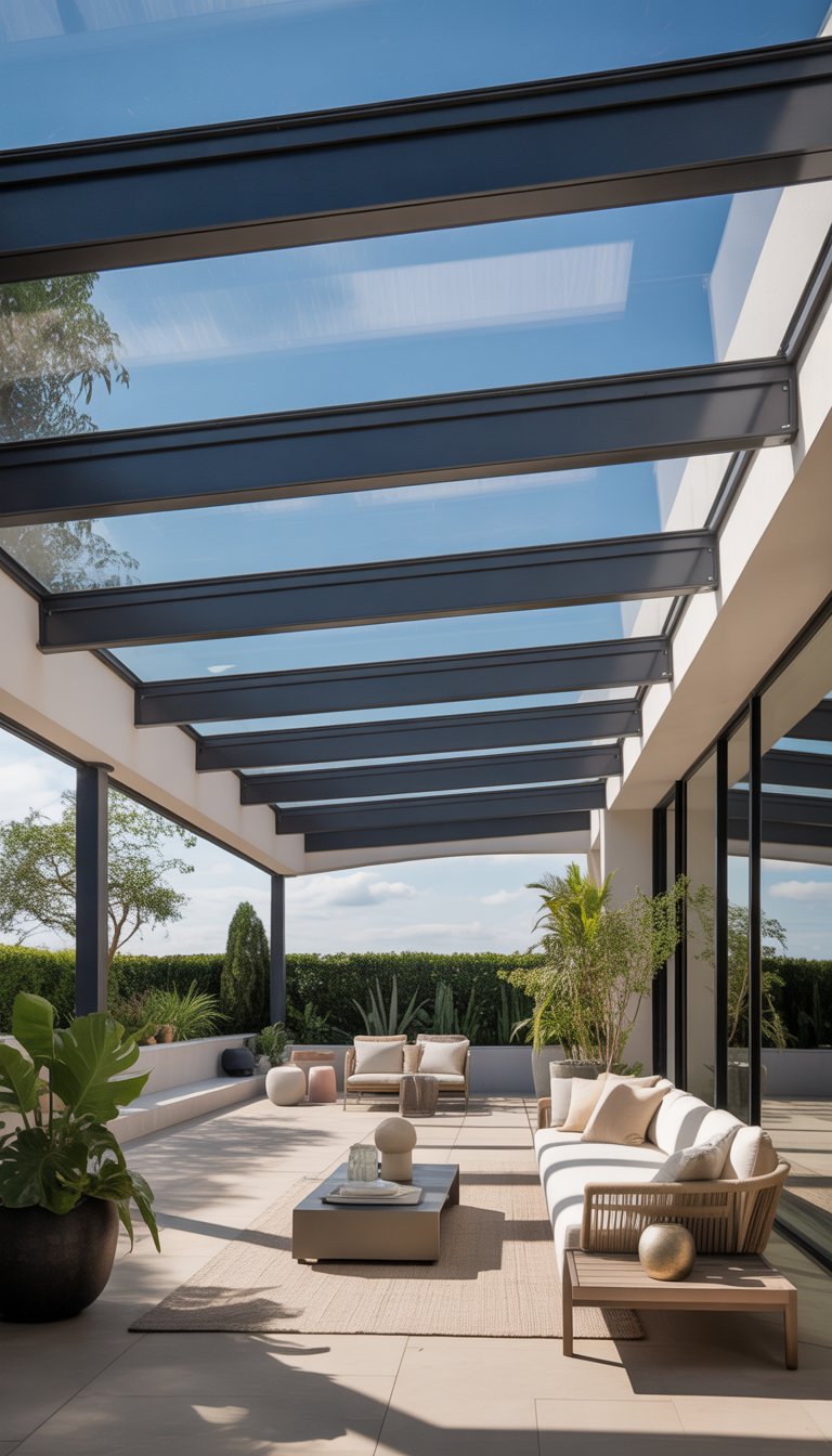 Outdoor patio with skylight roof panels letting sunlight illuminate a comfortable seating area surrounded by plants.
