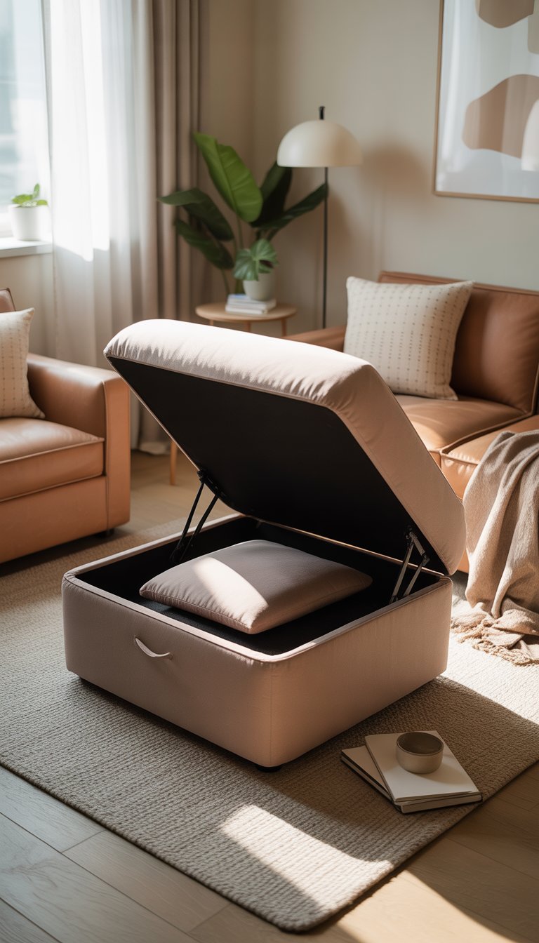 A small living room with a sofa and an ottoman that has hidden storage, illuminated by natural light from a window.