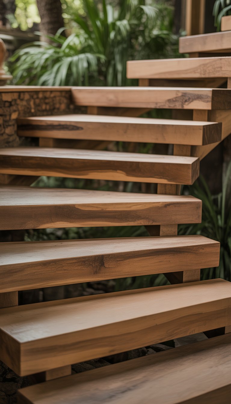 Outdoor wooden stairs with natural edges surrounded by greenery.