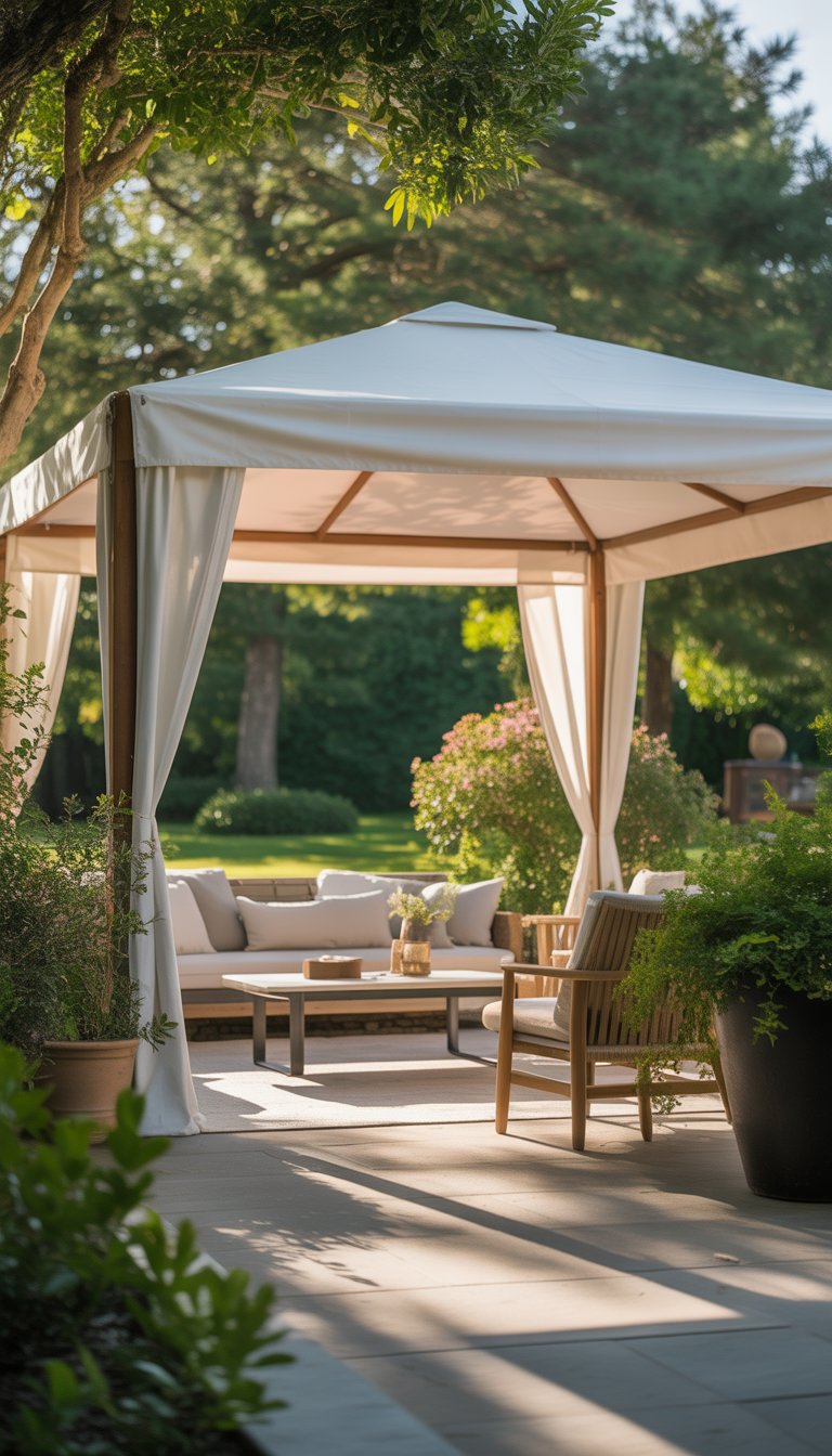 Outdoor patio with a white canvas canopy roof, cushioned seating, and surrounding greenery.
