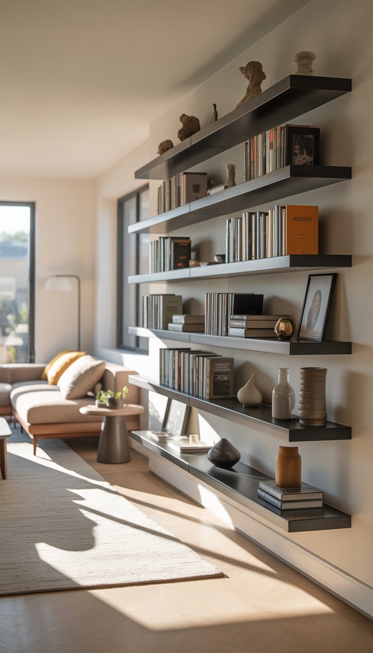 Living room with floating shelves displaying books and decorative items above a sofa.