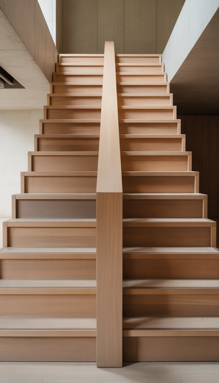 A modern indoor staircase with boxed wooden steps built around a central vertical wooden beam.