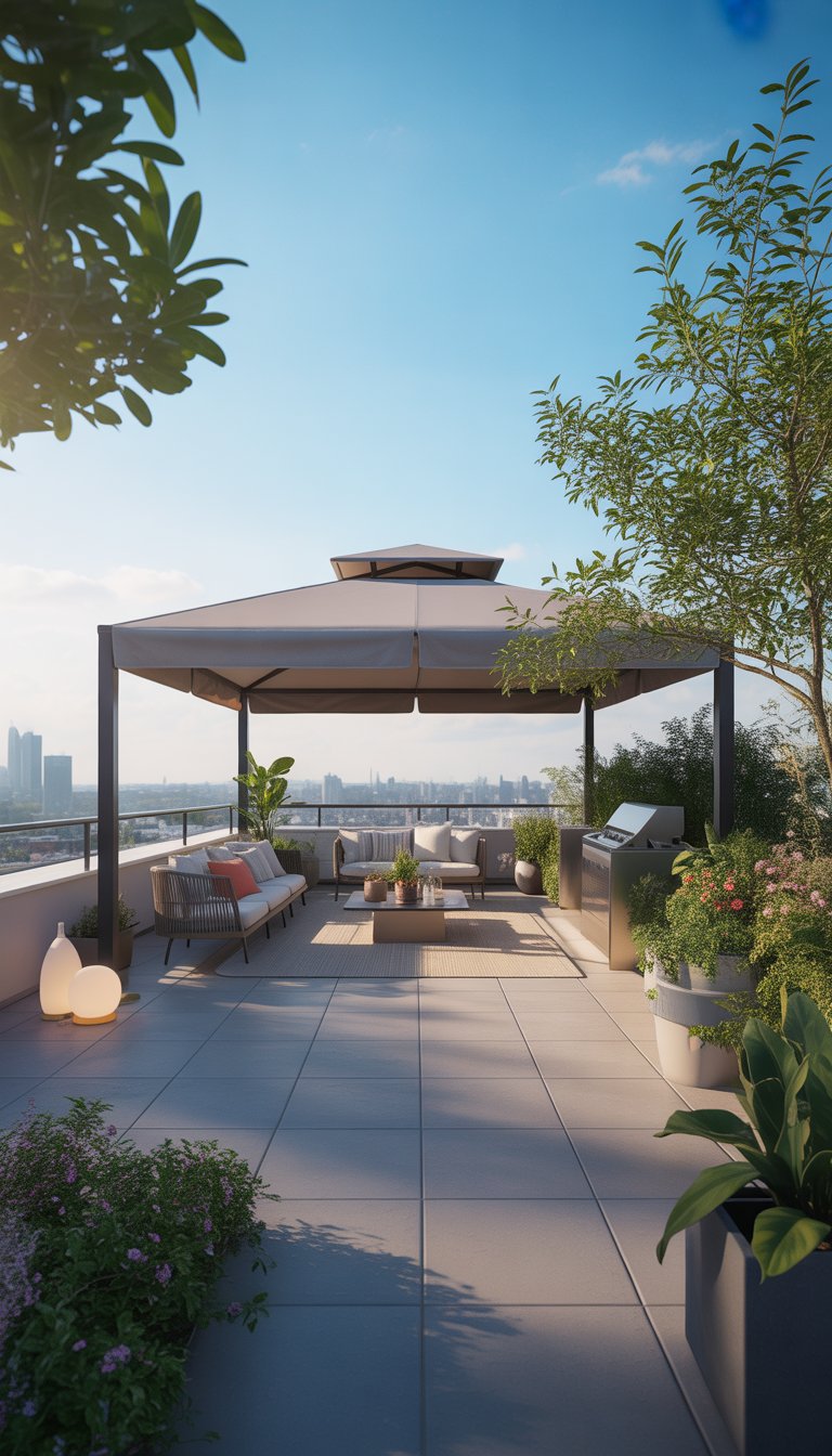 A rooftop patio with a gazebo-style roof, outdoor furniture, plants, and a city skyline in the background under a clear sky.