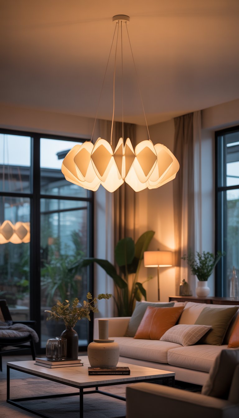 A living room with a sculptural chandelier or geometric pendant light hanging above a sofa and coffee table.