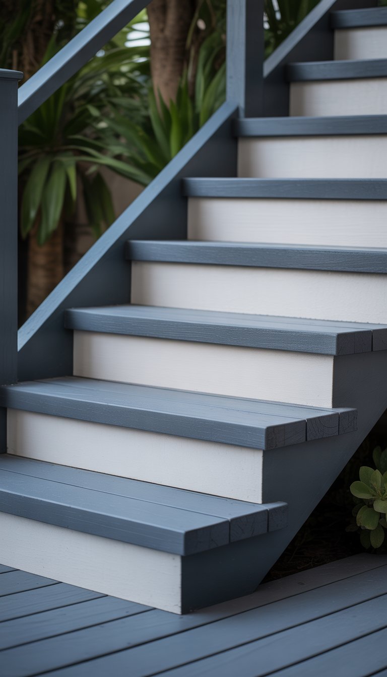 Outdoor wooden stairs with alternating dark gray and white painted steps surrounded by green plants.
