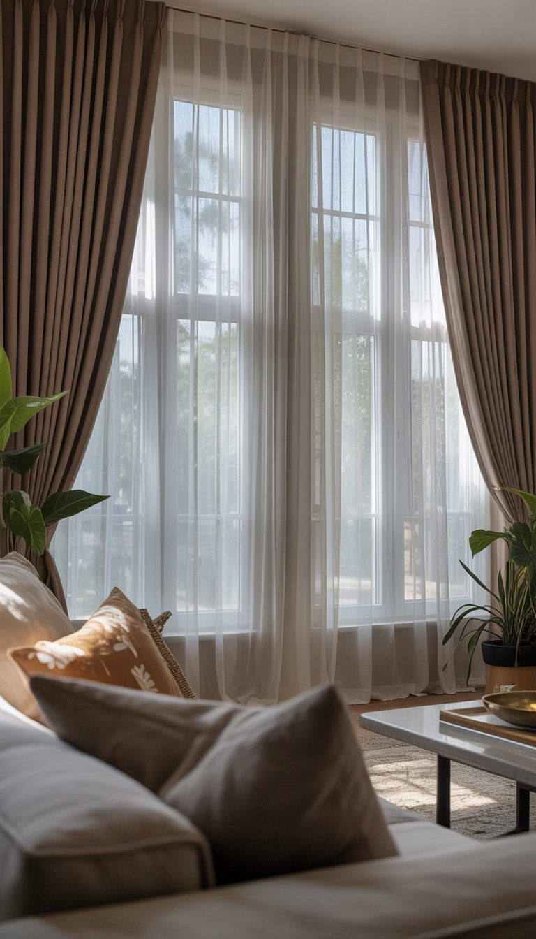 A living room with large windows covered by sheer curtains and blackout drapes, a sofa, coffee table, and indoor plants.