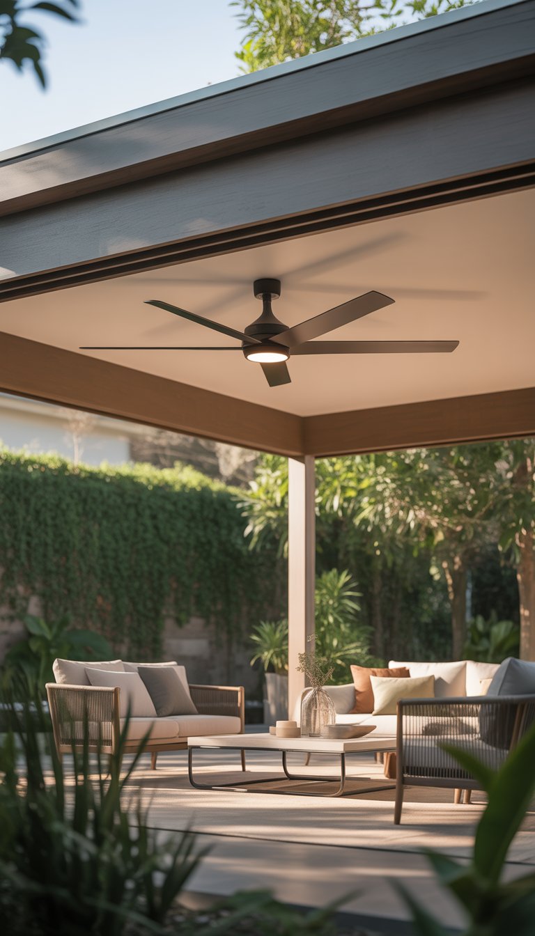 Covered patio with a ceiling fan, outdoor seating, and surrounding plants under a modern roof.