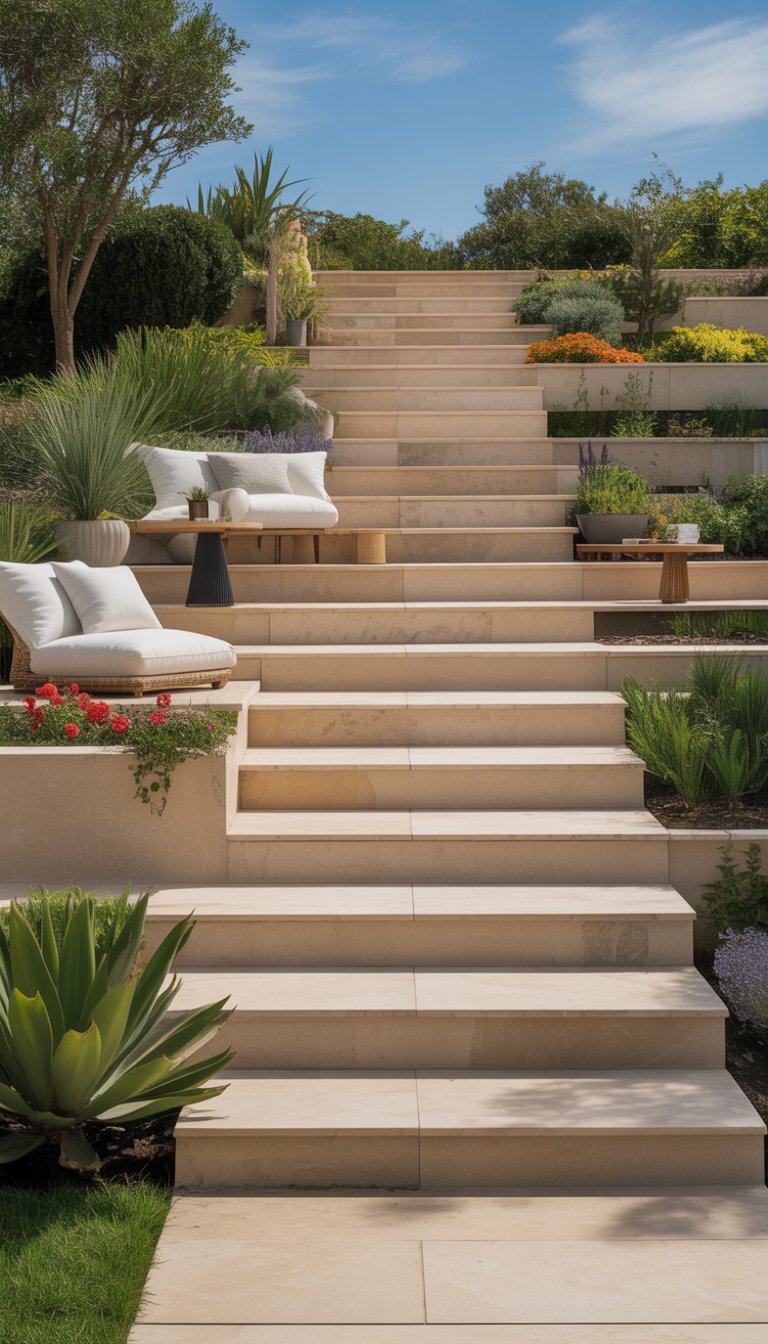 Wide outdoor stairs designed as mini-terraces with plants and seating areas in a sunny garden.