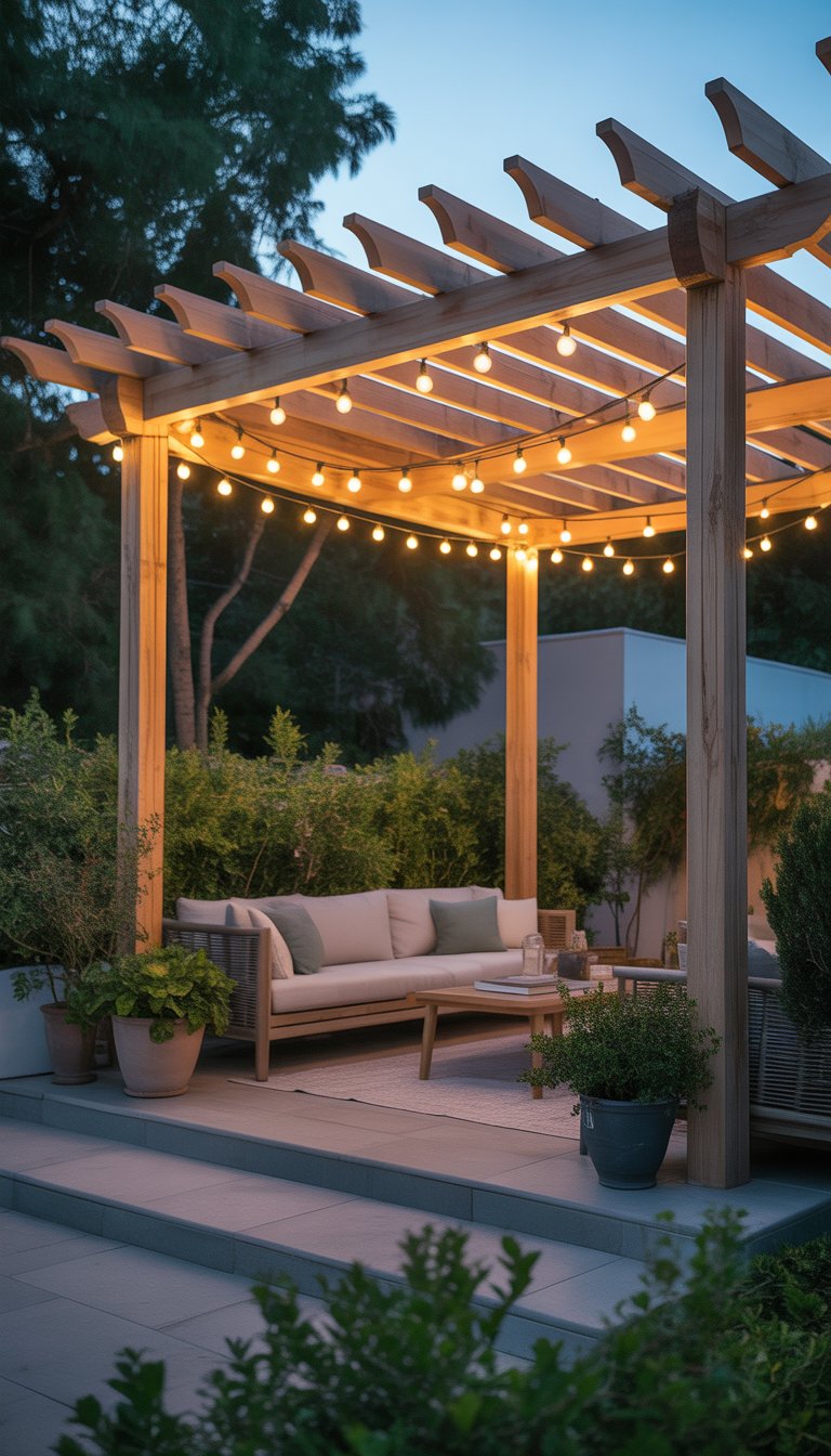 Outdoor patio with a wooden pergola roof decorated with string lights and surrounded by plants.