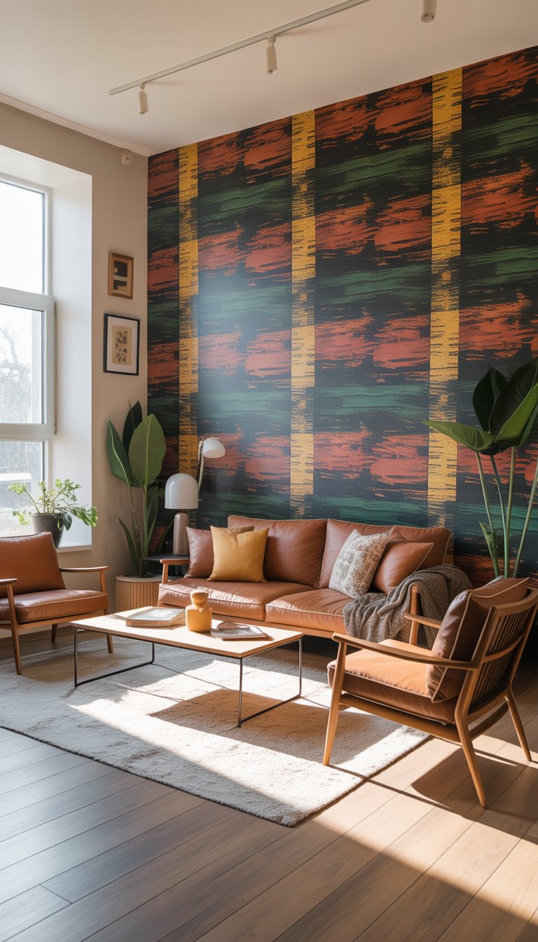 A living room with a bold accent wall covered in colorful textured wallpaper, a sofa, armchairs, coffee table, plants, and natural light.
