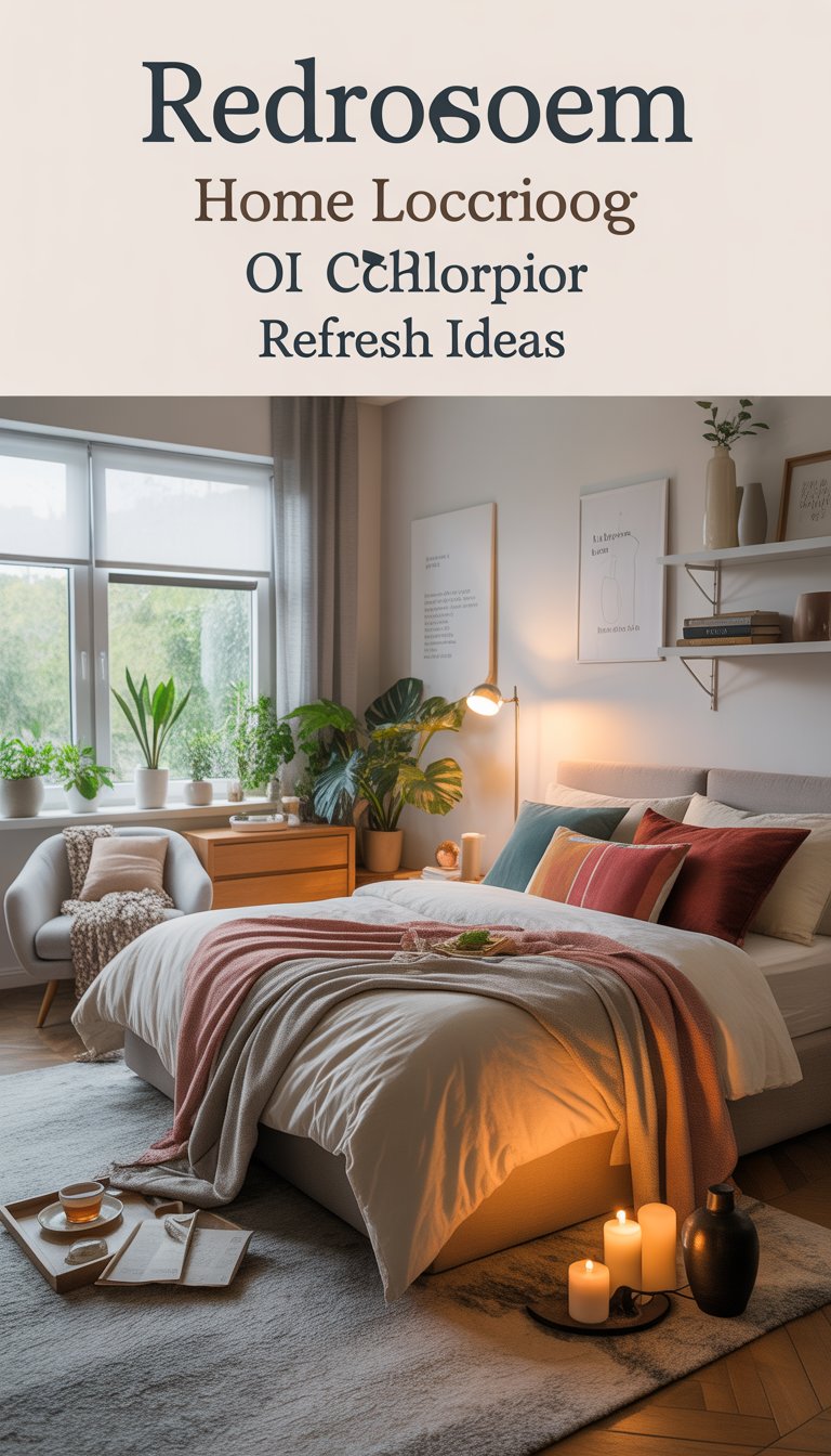 A bright and neatly arranged bedroom with a made bed, plants, artwork, and cozy seating.