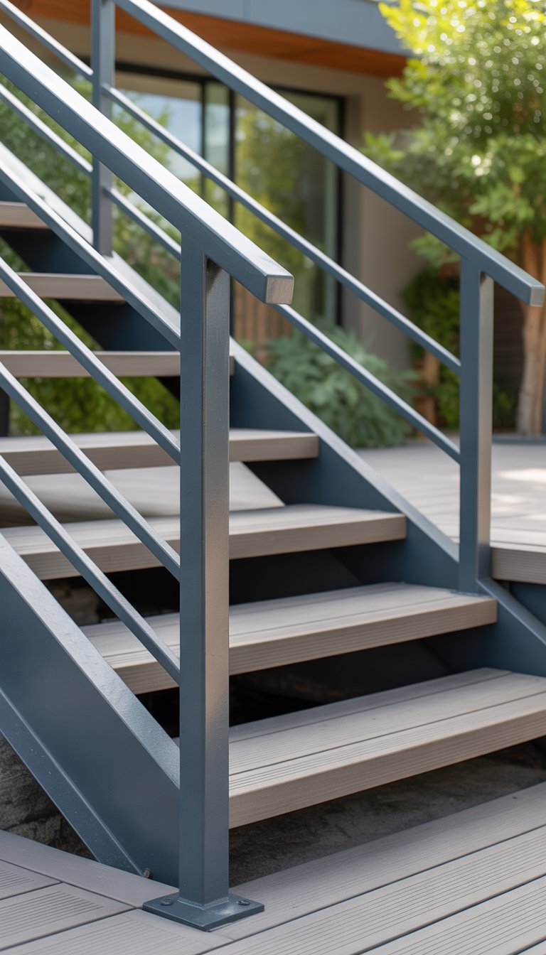 Outdoor staircase with metal railings leading up to a deck surrounded by greenery.
