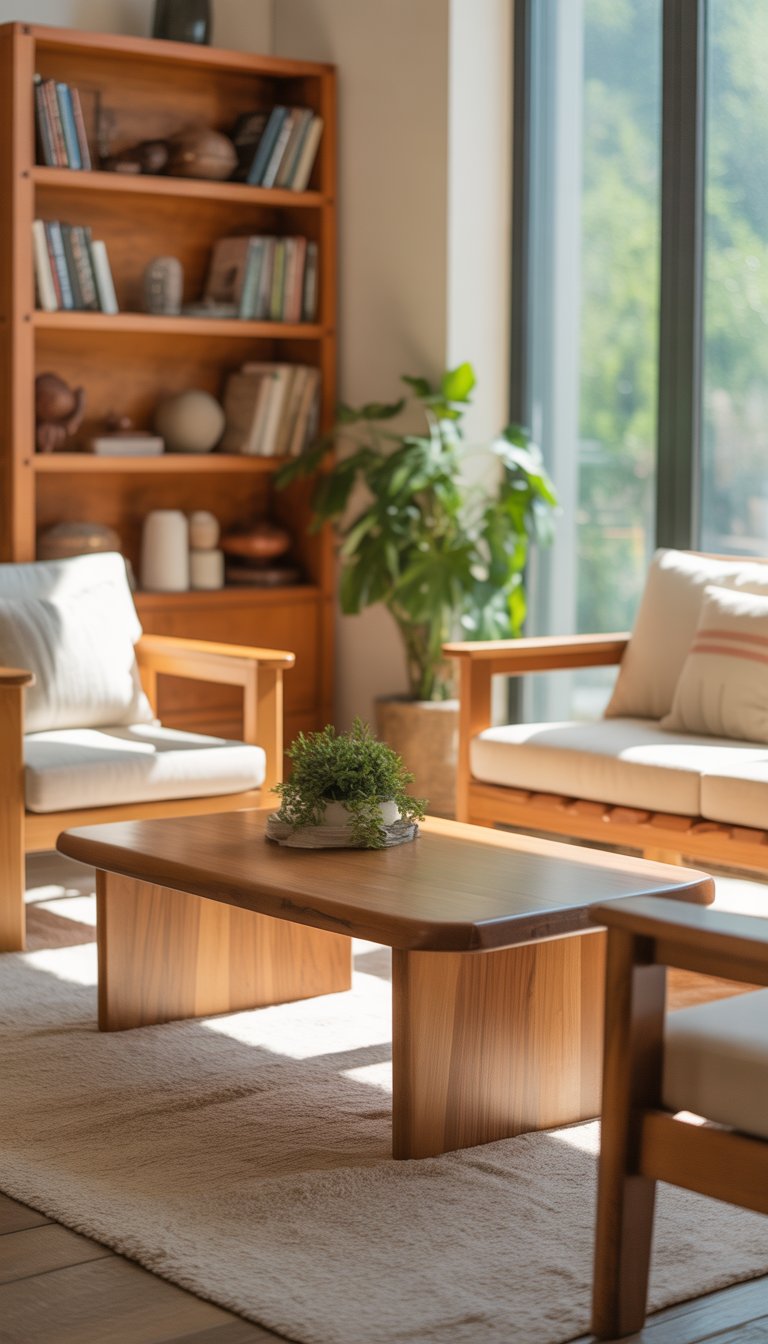 A living room with natural wood furniture, soft cushions, green plants, and sunlight coming through large windows.