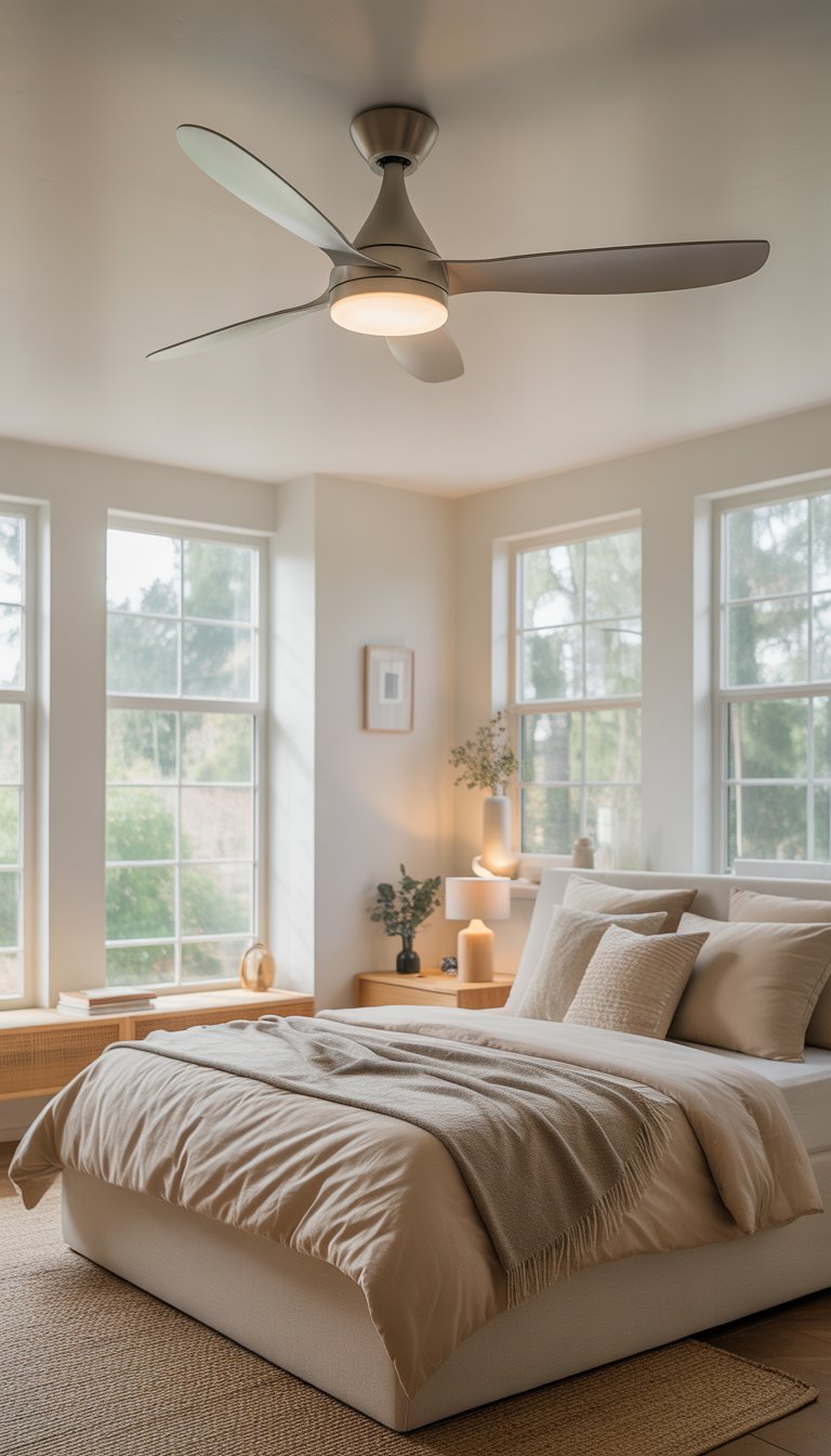 A bright bedroom with a modern ceiling fan, a neatly made bed, and natural light coming through large windows.