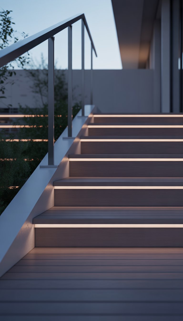 Outdoor wooden staircase with metal railings illuminated by warm lighting strips along the handrails at twilight.