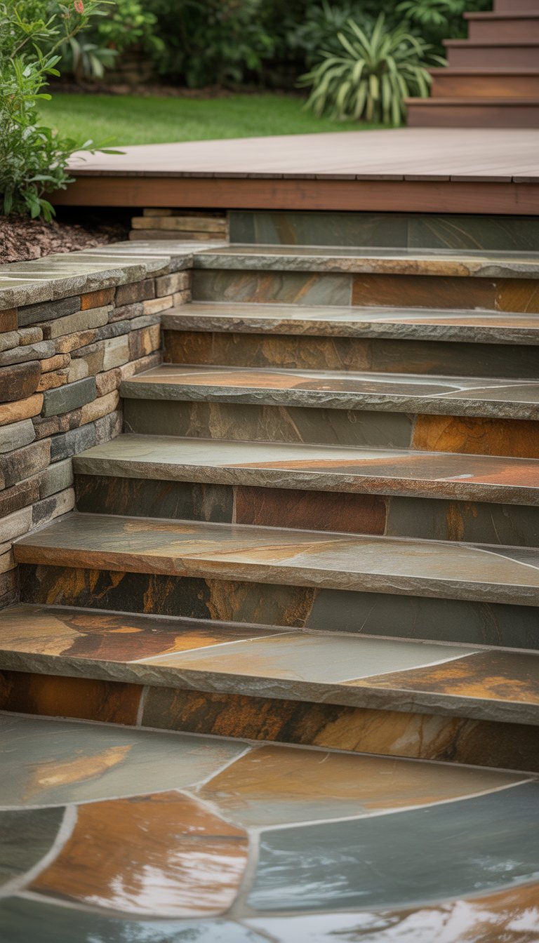 Outdoor stone veneer steps leading up to a wooden deck surrounded by green plants.