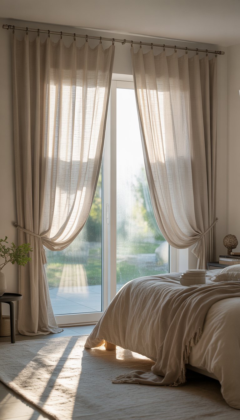 A bedroom with linen curtains softly filtering sunlight through a large window, a neatly made bed, and simple furniture.