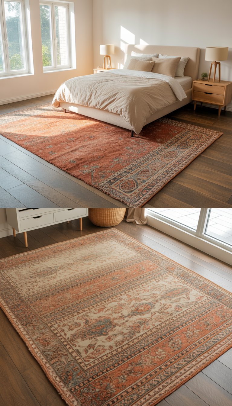 A bedroom with a bed, nightstands, and warm textured area rugs on the floor under natural sunlight.