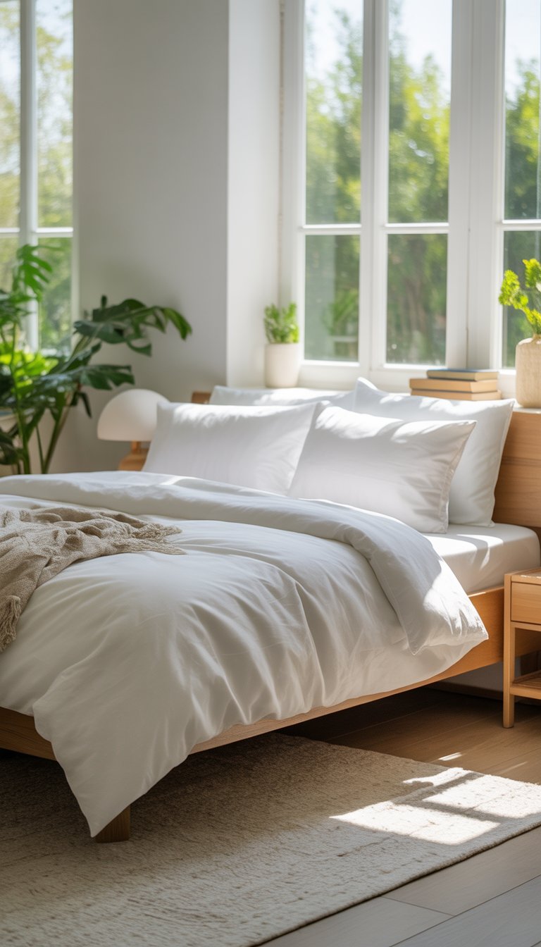 A bright bedroom with a bed made of white cotton sheets, natural light coming through large windows, and green plants on a wooden nightstand.