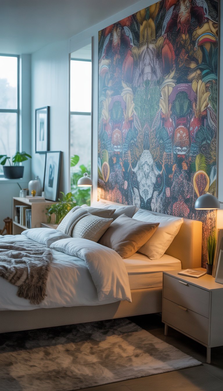 A bedroom with a bed in front of a large, colorful patterned wallpaper wall, with nightstands, lamps, plants, and natural light coming through windows.