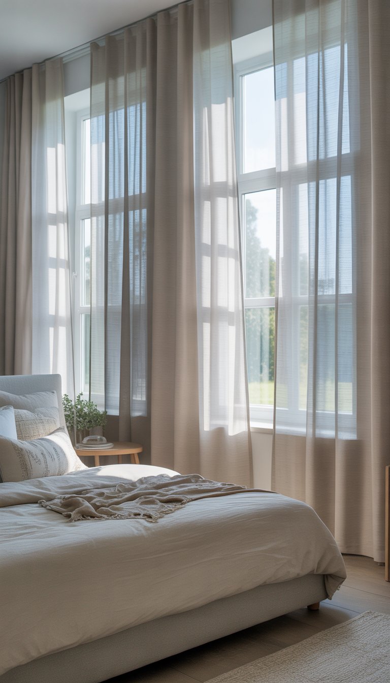 A bright bedroom with large windows covered by sheer white curtains allowing natural light to fill the room, featuring a neatly made bed and simple decor.