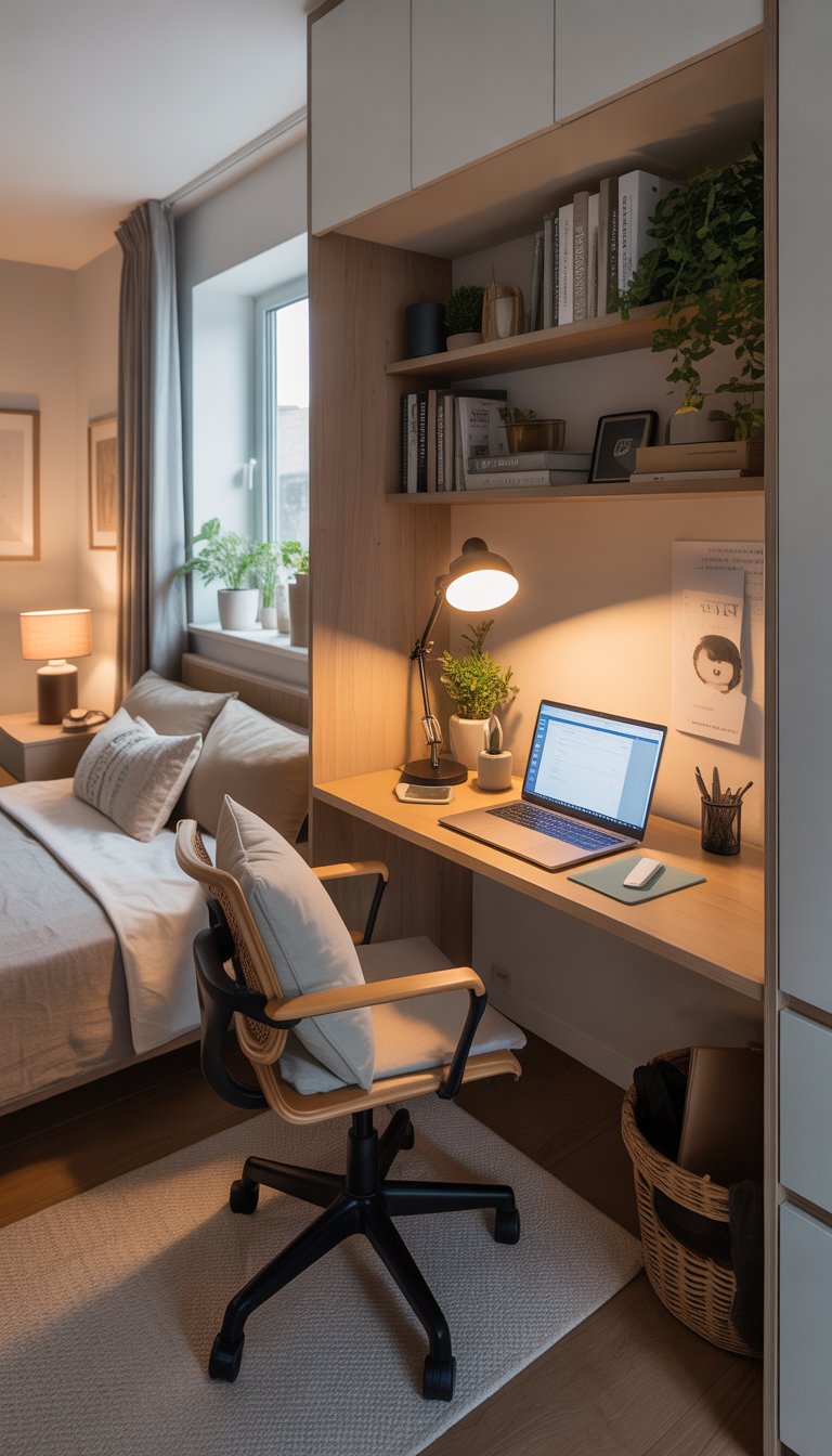 A small office nook with a desk, chair, laptop, shelves, and a bed in a bedroom corner.
