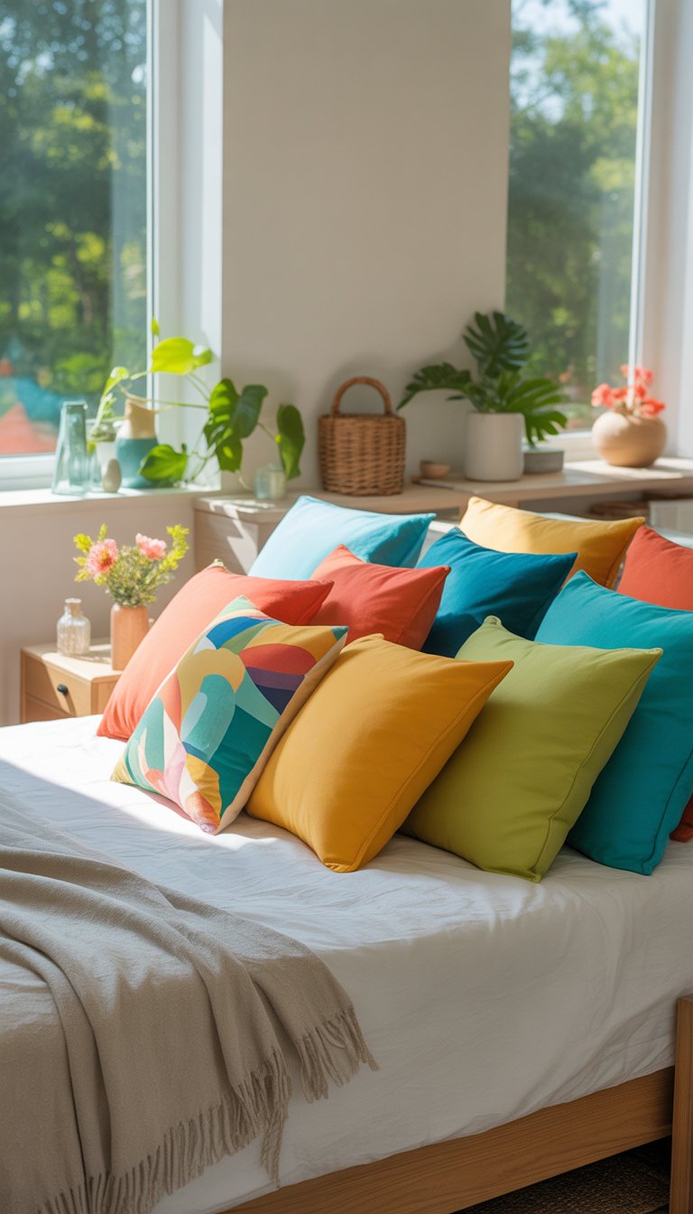 A bright bedroom with a bed decorated with colorful pillows, sunlight coming through windows, and indoor plants on bedside tables.
