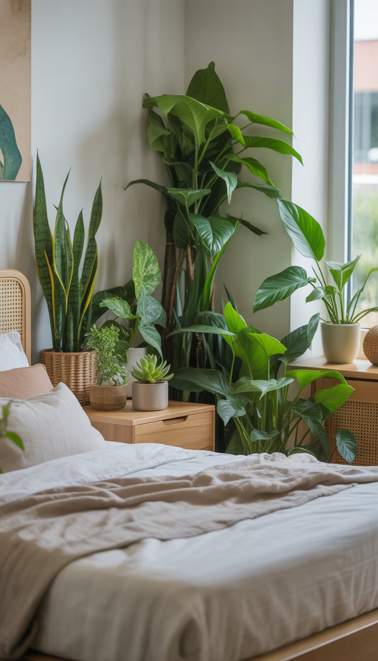 A bright bedroom with a cozy bed and several green plants placed around the room near a large window.