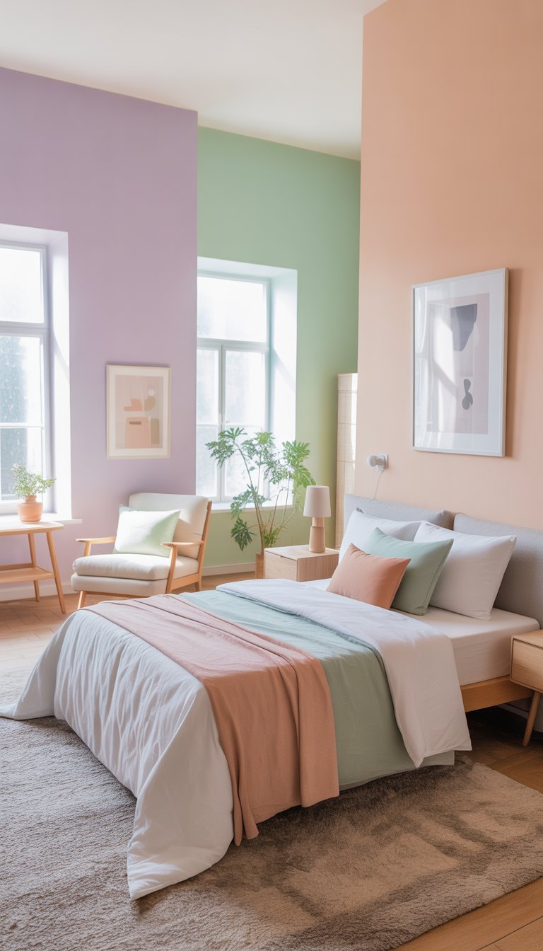 A calm bedroom with pastel-colored walls, a neatly made bed, a cozy chair, plants, and natural light coming through large windows.