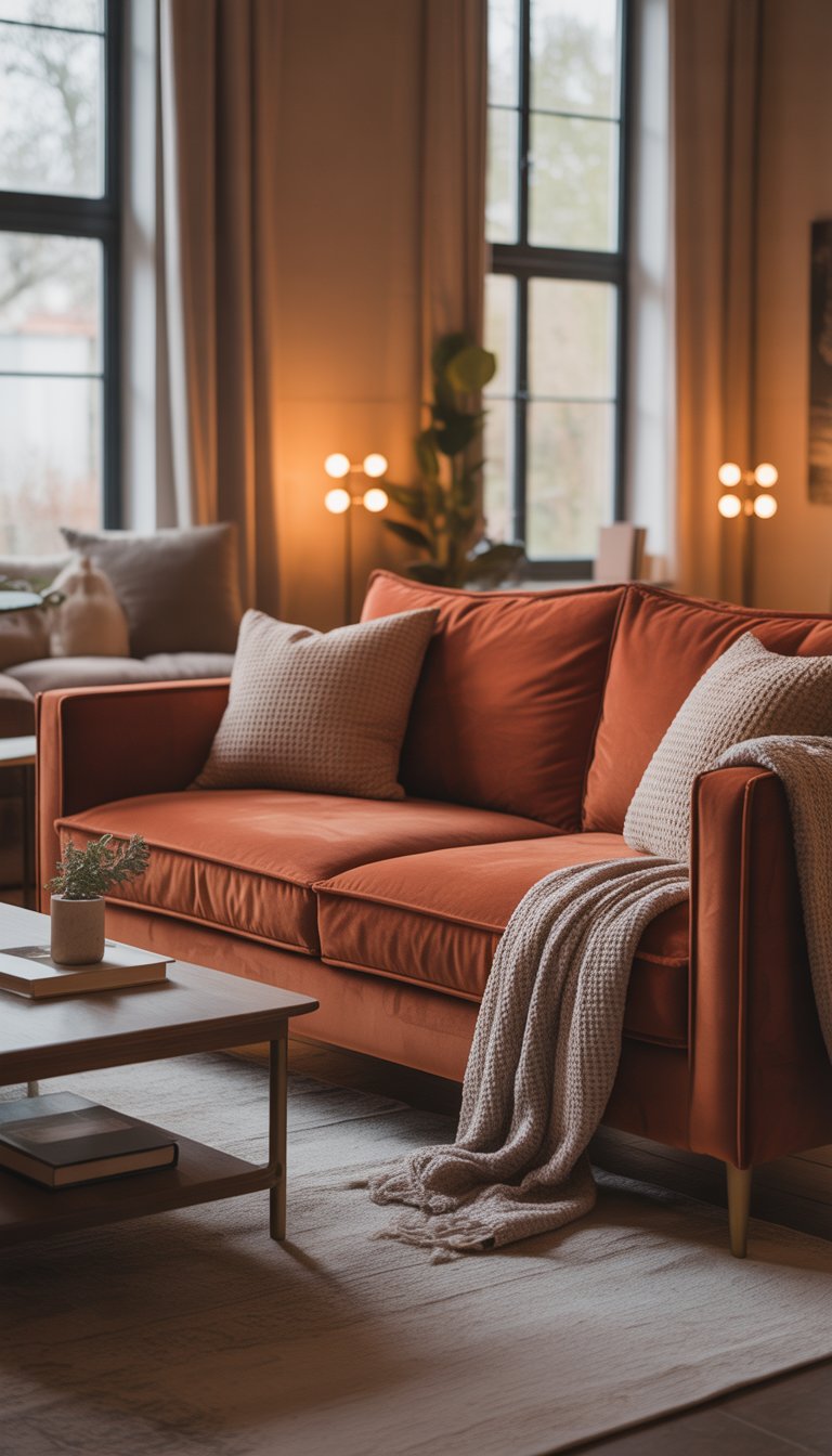 A cozy living room with a plush warm-toned velvet sofa, a wooden coffee table, and soft natural lighting.