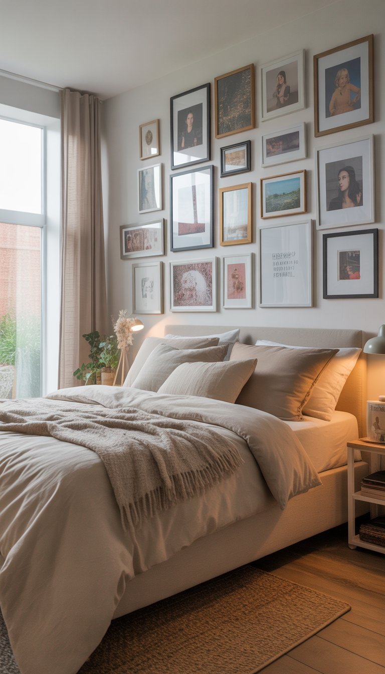 A bright bedroom with a bed under a gallery wall displaying personal artwork and photos, featuring natural light and cozy decor.
