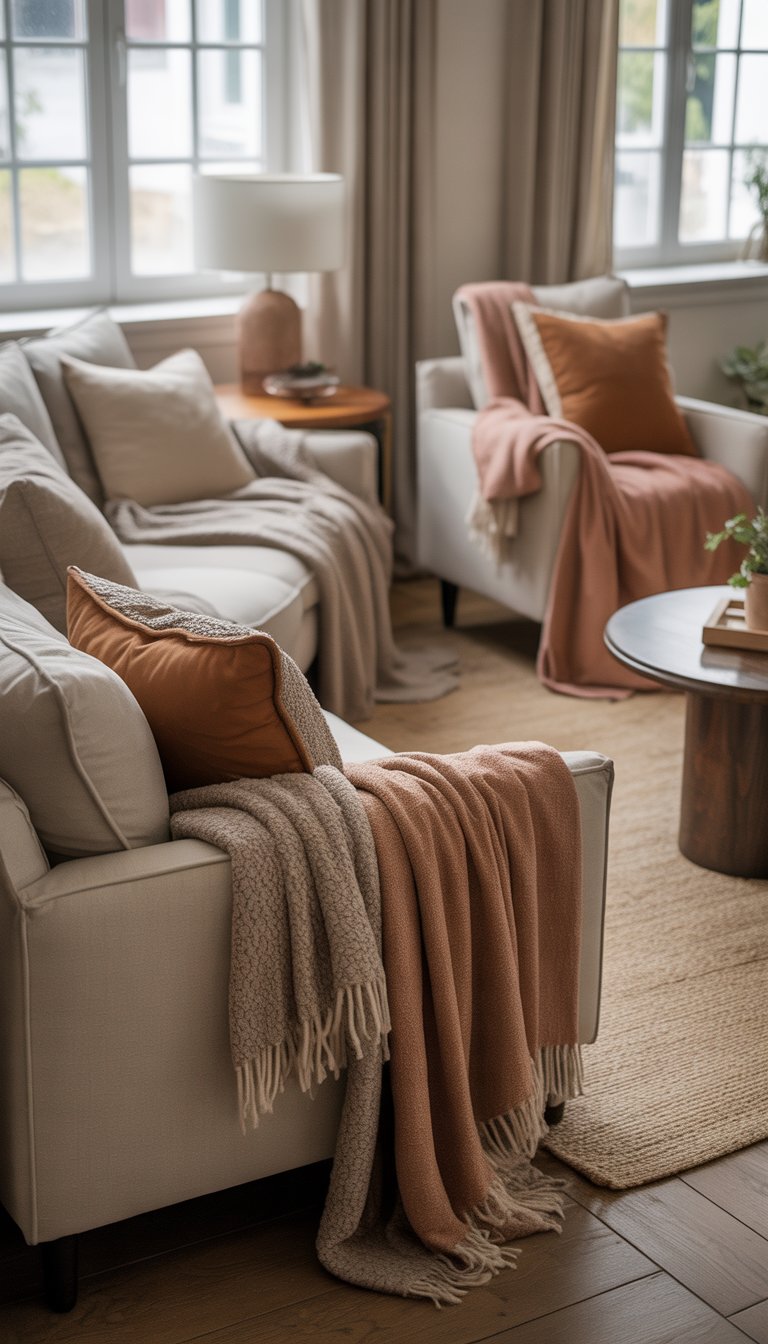 A cozy living room with seating areas covered in soft throw blankets and warm natural lighting.