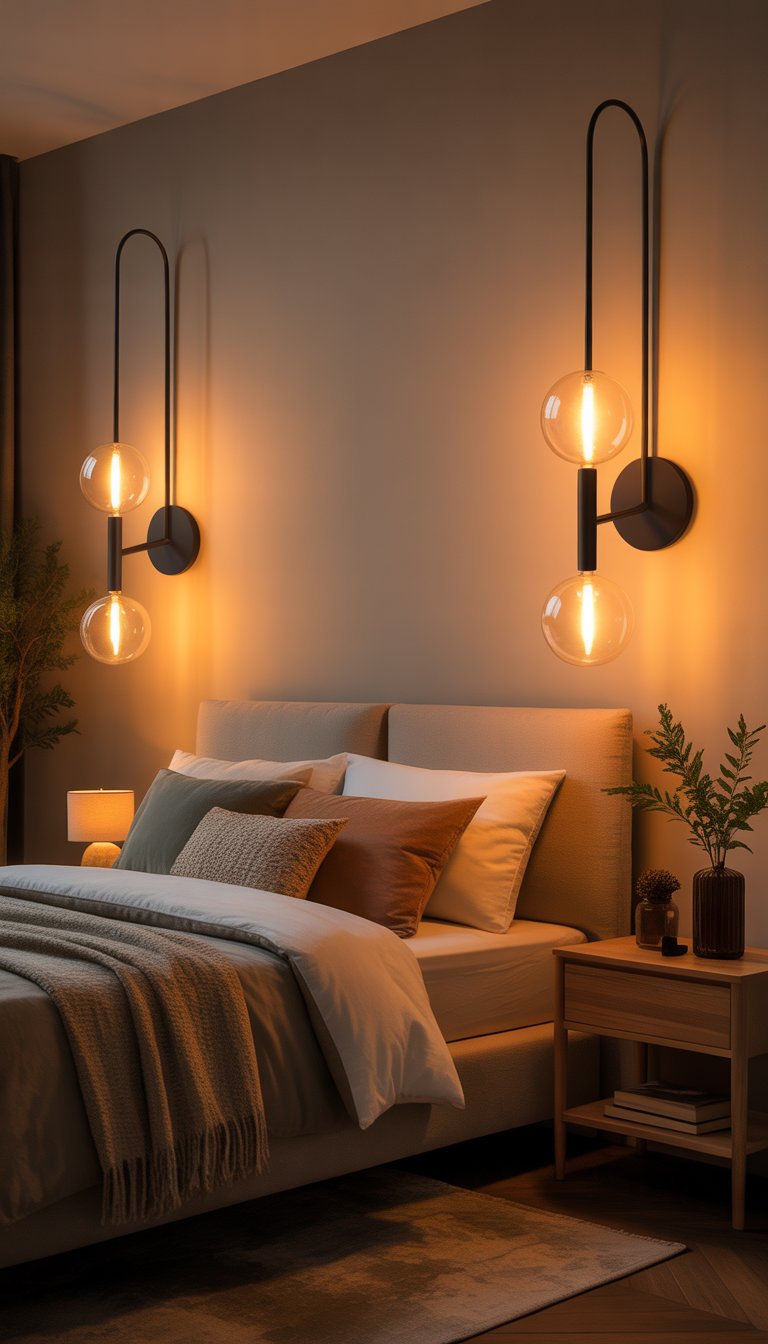 A cozy bedroom softly lit by warm bulbs with dimmer switches, featuring a comfortable bed, wooden furniture, and decorative items.