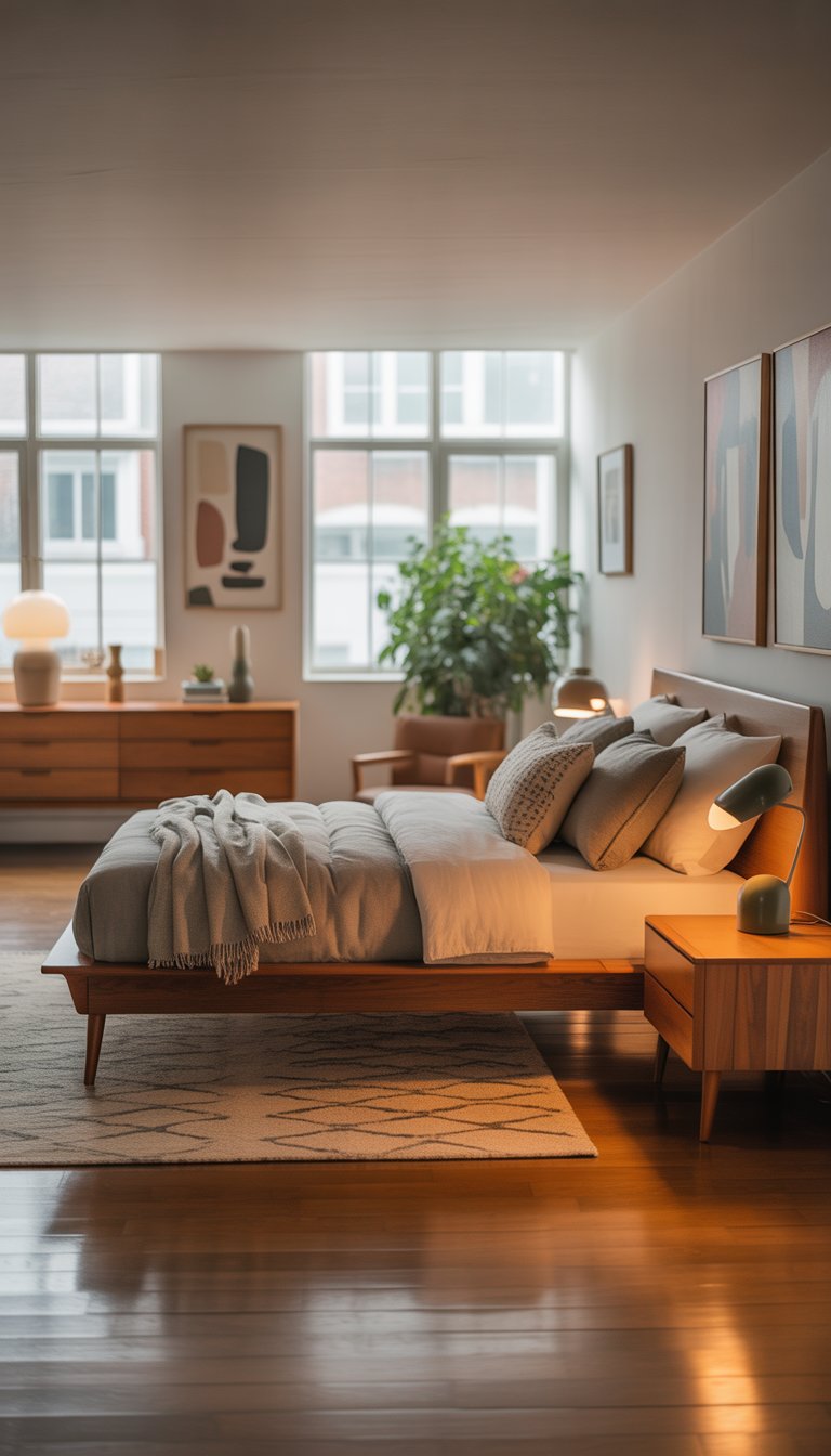 A bright bedroom with a wooden bed, nightstand, lamp, large windows, a patterned rug, and plants.