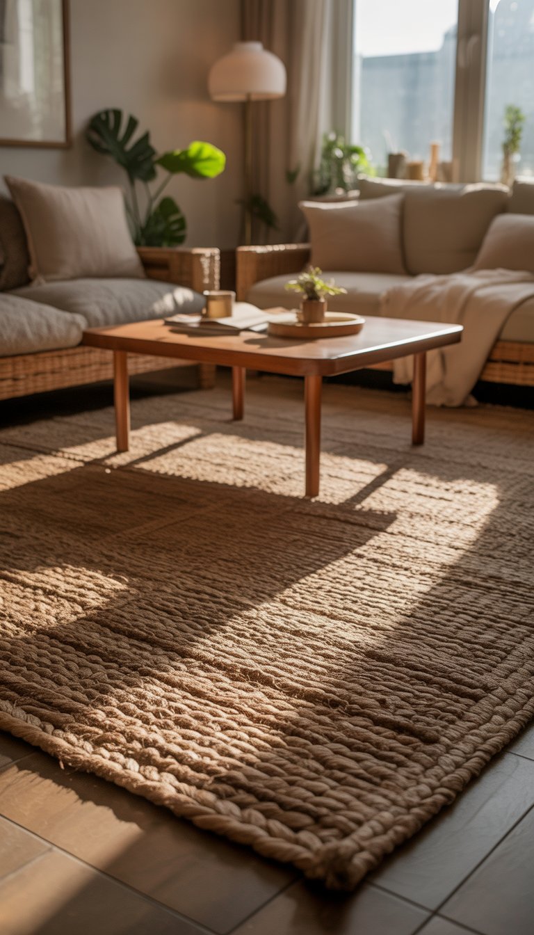 A cozy living room with a textured natural fiber area rug, a sofa, coffee table, and plants in soft natural light.
