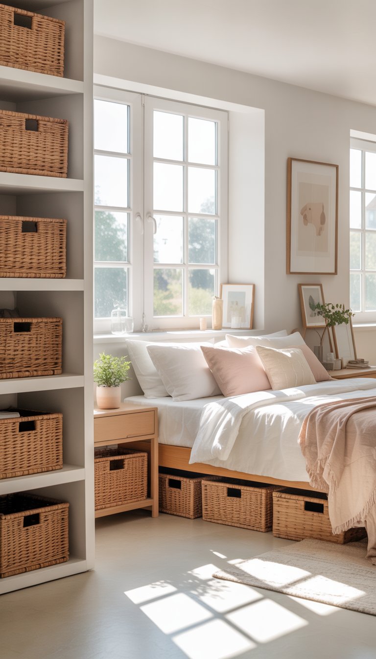 A clean and organized bedroom with storage baskets on shelves and under the bed, a made bed, and natural light coming through windows.