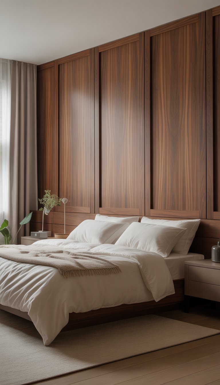 A bedroom with warm wood-paneled walls, a neatly made bed, a bedside table with a lamp, and large windows letting in natural light.