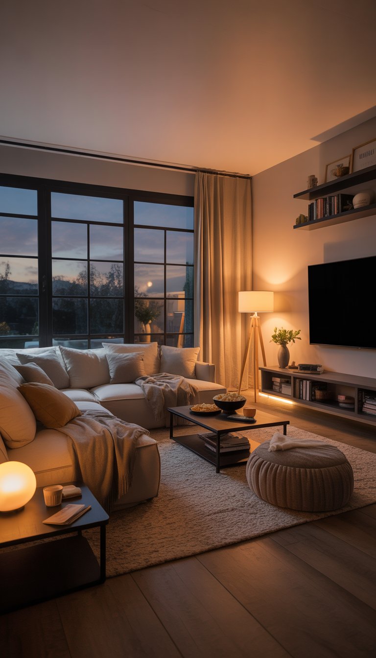 A cozy living room with blackout drapes, a sectional sofa, warm lighting, and a large TV for movie nights.