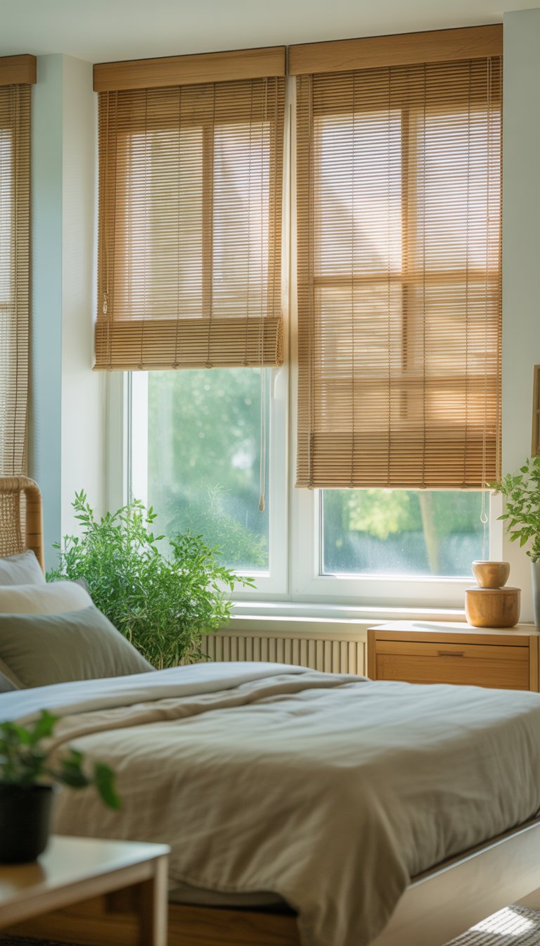 A bedroom with large windows covered by bamboo blinds, natural light filtering in, a neatly made bed, and green plants near the window.