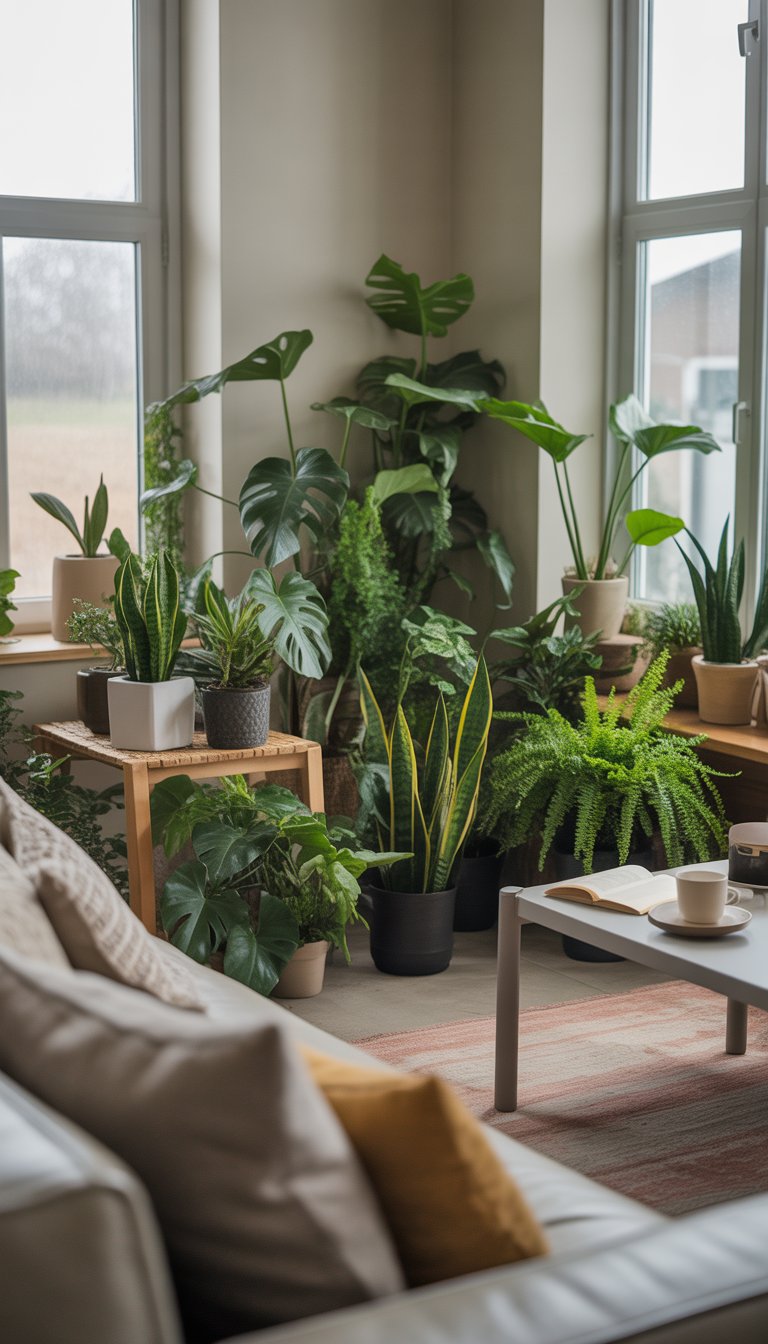Cozy living room with a variety of indoor plants clustered near large windows, featuring a sofa and natural light.