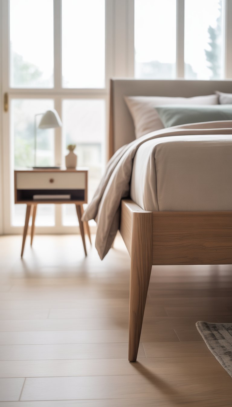 Bright bedroom with a bed and nightstand featuring slim, angled legs, natural light, and wooden flooring.