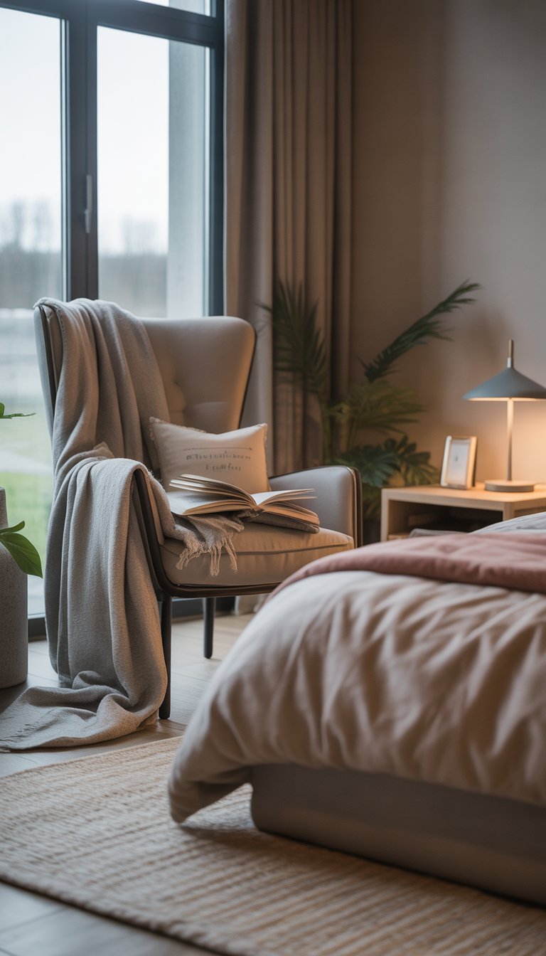 A cozy reading chair with a soft throw blanket in a bright bedroom with a bed and plants nearby.