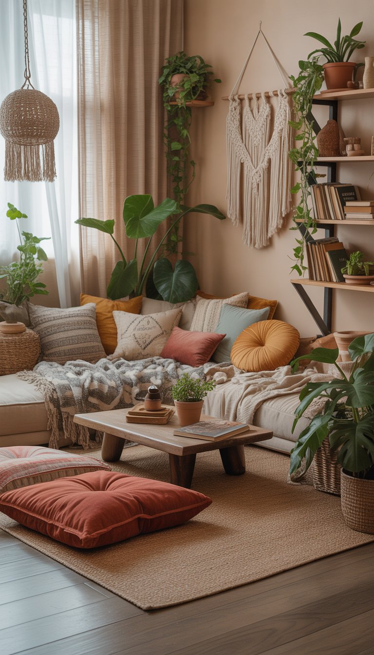 A cozy living room corner with floor cushions, a low table, houseplants, and books arranged for reading.