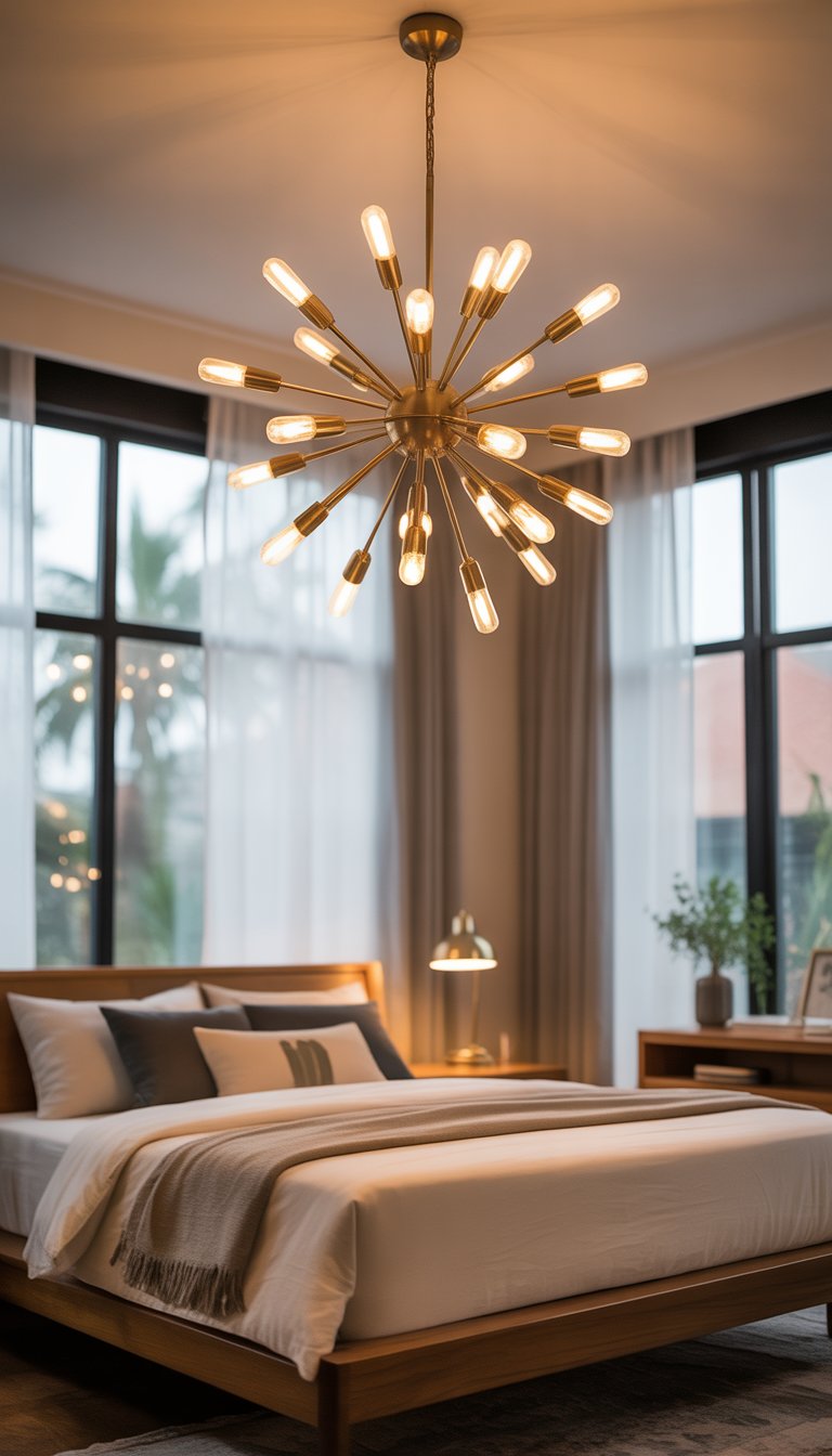 A bright bedroom with a brass Sputnik chandelier hanging from the ceiling above a neatly made bed and wooden furniture.