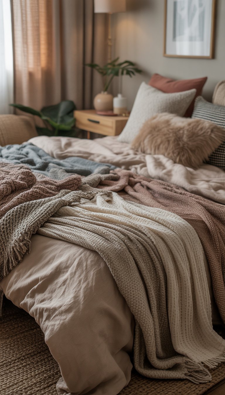 A cozy bedroom with a bed layered with textured blankets and cushions, soft natural light, and simple decor.