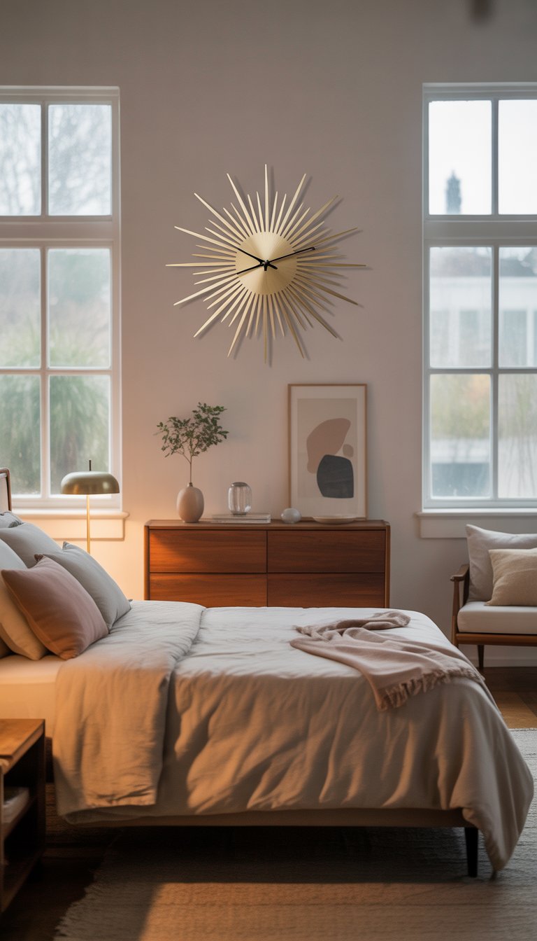A bright bedroom with a sunburst wall clock above a wooden dresser, a neatly made bed, and simple decor including a plant and lamp.