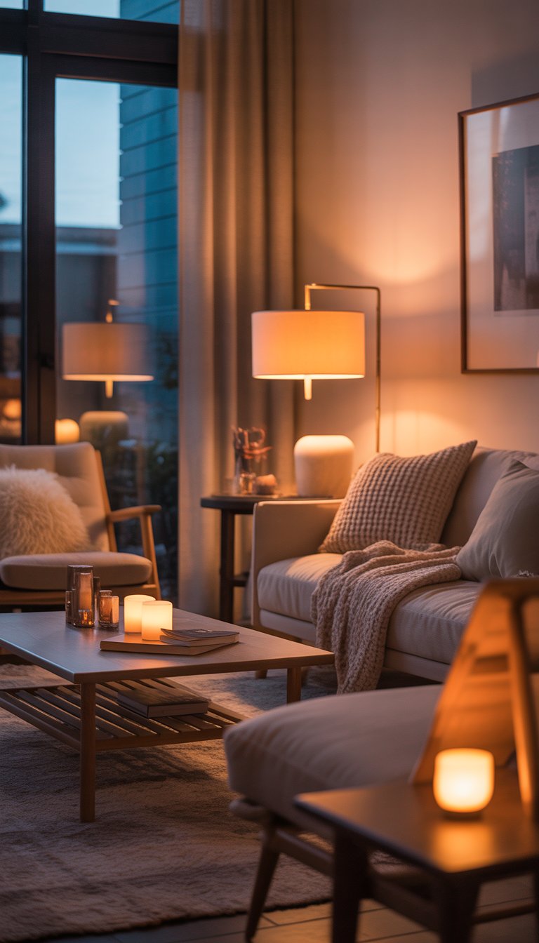 A cozy living room with warm, dimmable accent lighting, comfortable sofa, wooden furniture, and soft rugs creating a relaxing atmosphere.